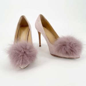 Pour La Victoire Camilla Kid Suede Lavender Lilac Fur Pom Stiletto Heels